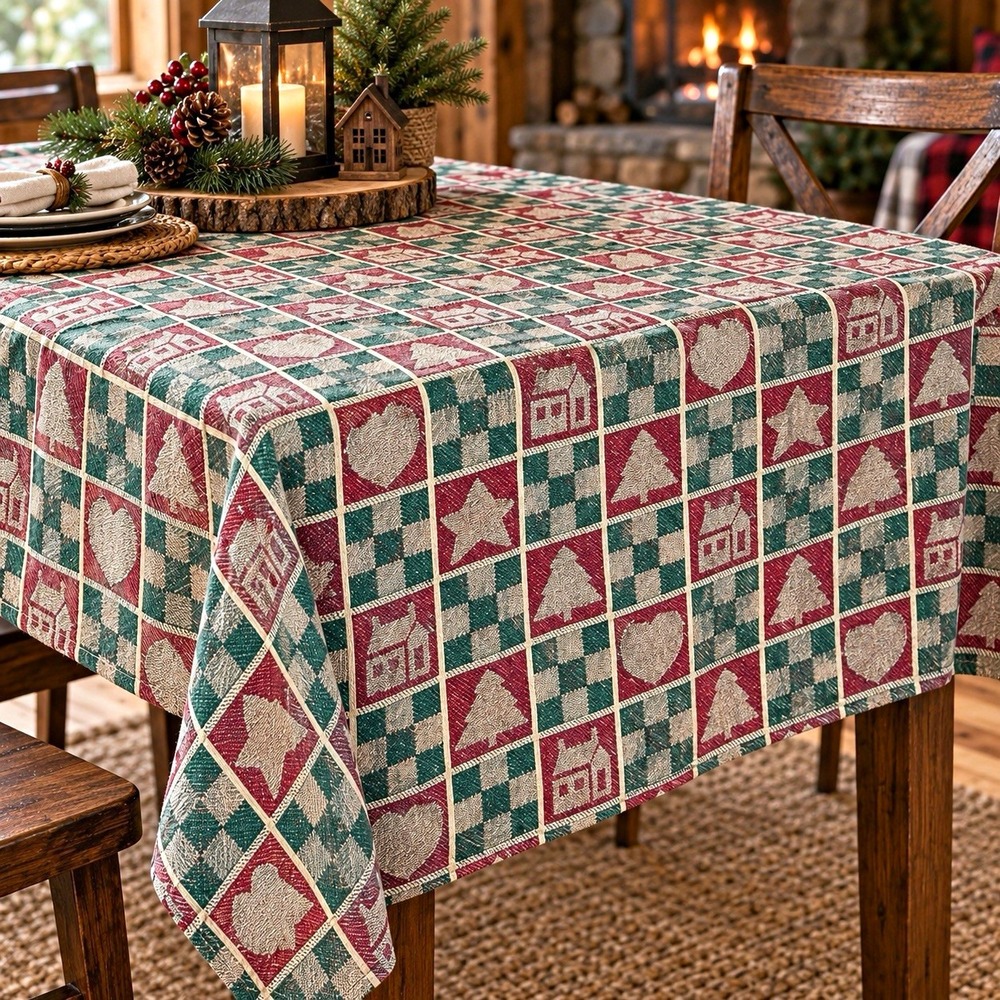 Vintage X-Mas Tablecloth 52x86 Woven Cabin Cottage Hearts Trees Holiday Rustic